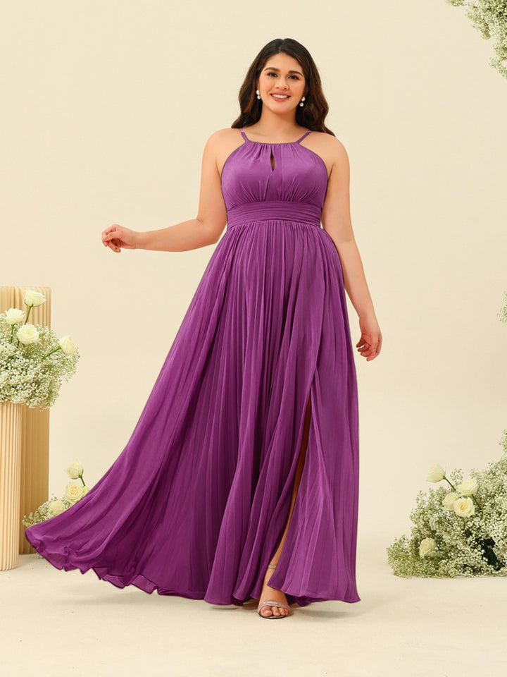 A-Line/Princess Halter Plus Size Long Bridesmaid Dresses with Split Side &amp; Ruffles
