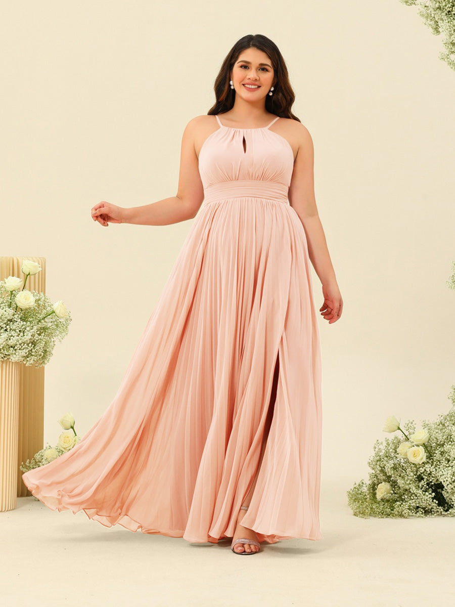 A-Line/Princess Halter Plus Size Long Bridesmaid Dresses with Split Side &amp; Ruffles
