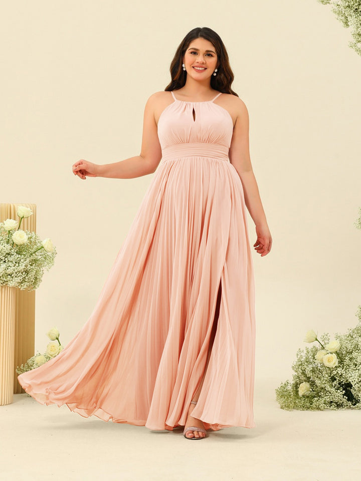 A-Line/Princess Halter Plus Size Long Bridesmaid Dresses with Split Side &amp; Ruffles