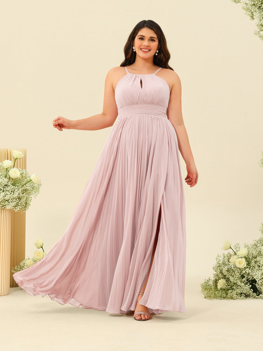 A-Line/Princess Halter Plus Size Long Bridesmaid Dresses with Split Side &amp; Ruffles