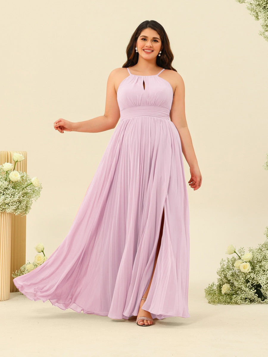 A-Line/Princess Halter Plus Size Long Bridesmaid Dresses with Split Side &amp; Ruffles