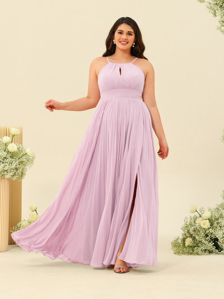 A-Line/Princess Halter Plus Size Long Bridesmaid Dresses with Split Side &amp; Ruffles