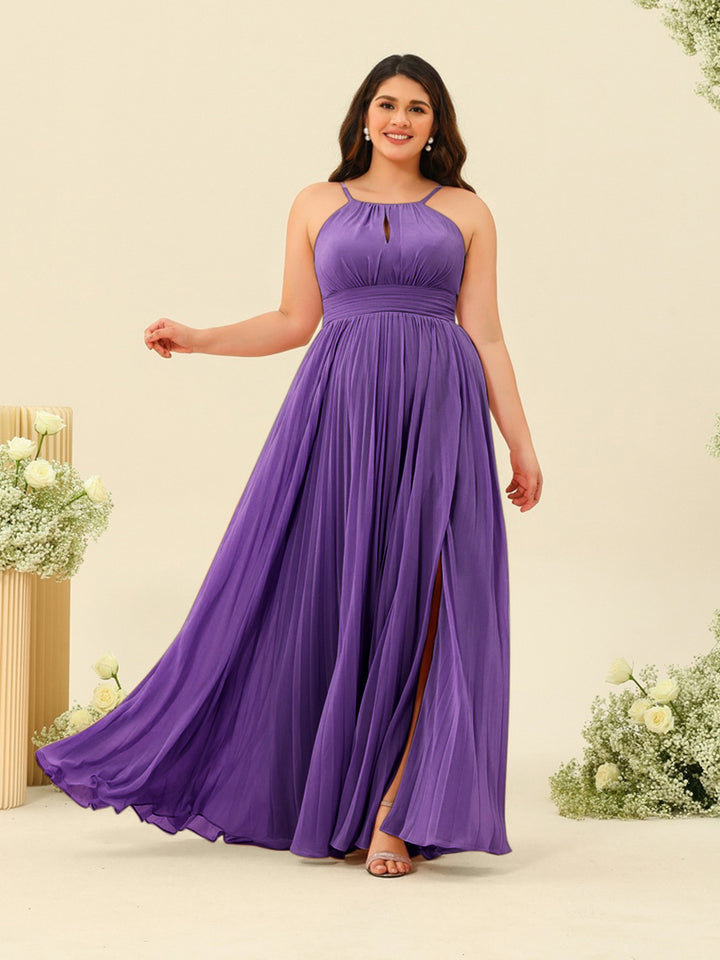 A-Line/Princess Halter Plus Size Long Bridesmaid Dresses with Split Side &amp; Ruffles
