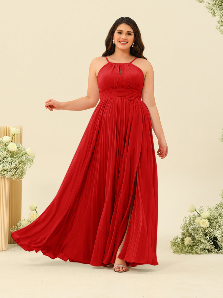 A-Line/Princess Halter Plus Size Long Bridesmaid Dresses with Split Side &amp; Ruffles