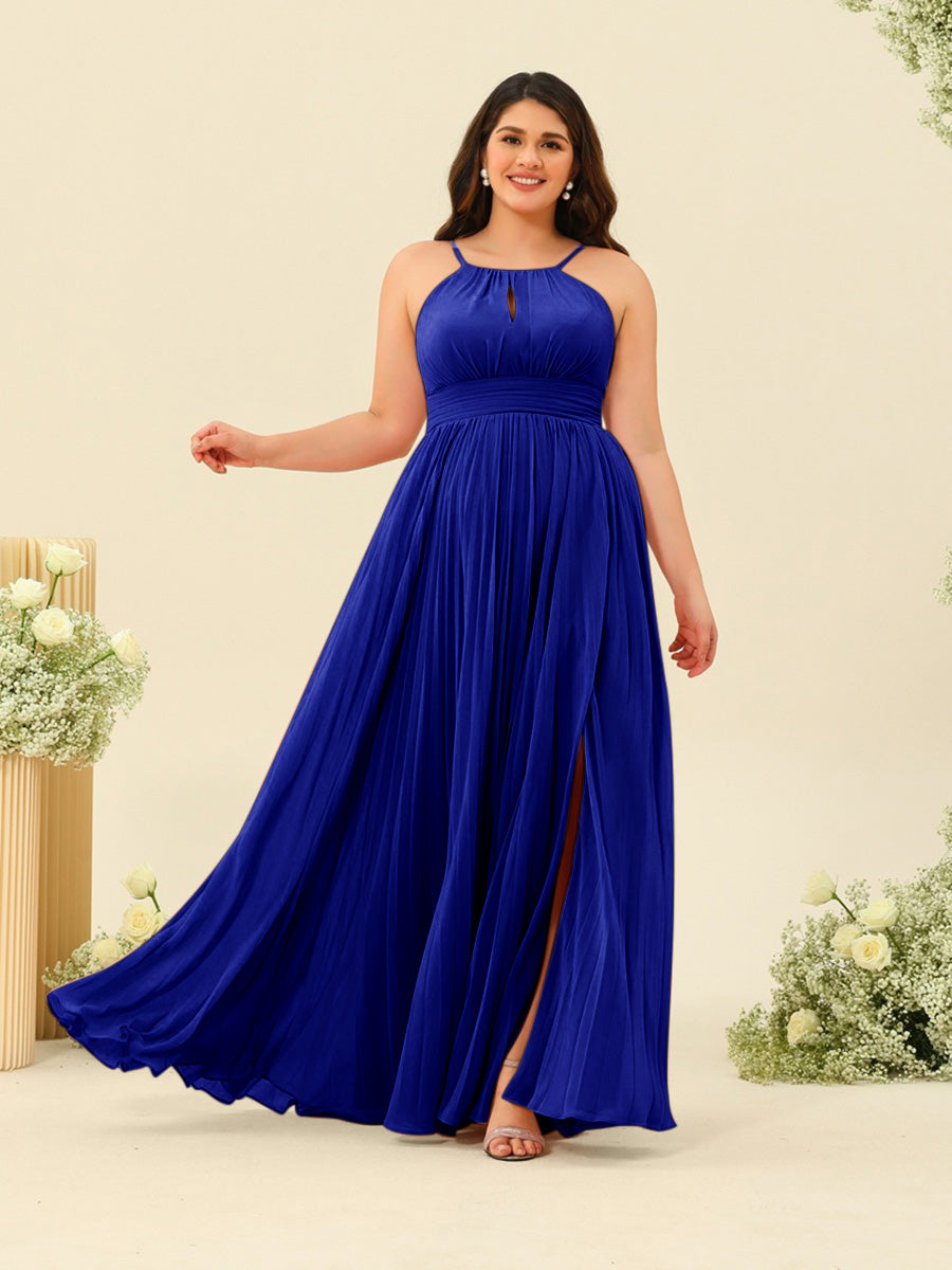 A-Line/Princess Halter Plus Size Long Bridesmaid Dresses with Split Side &amp; Ruffles
