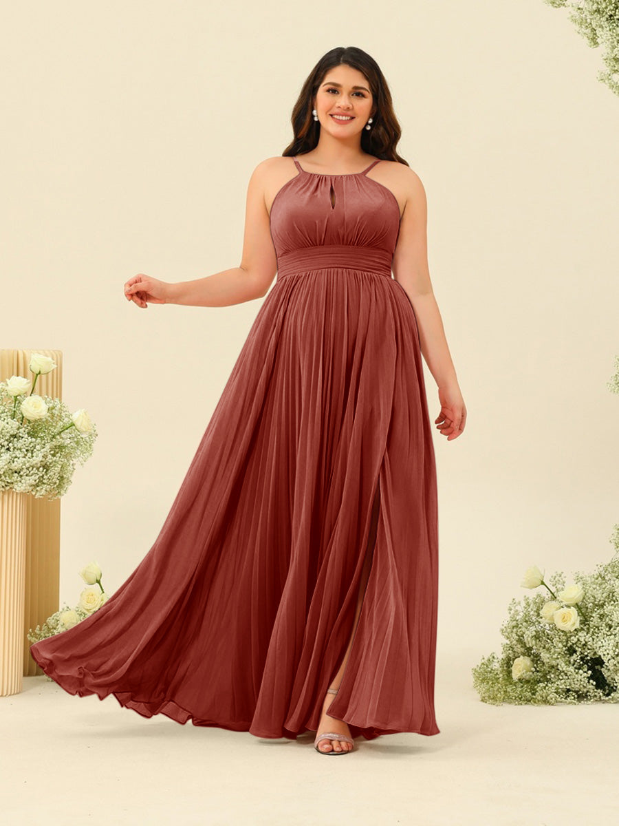 A-Line/Princess Halter Plus Size Long Bridesmaid Dresses with Split Side &amp; Ruffles