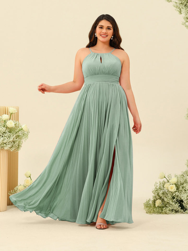 A-Line/Princess Halter Plus Size Long Bridesmaid Dresses with Split Side &amp; Ruffles