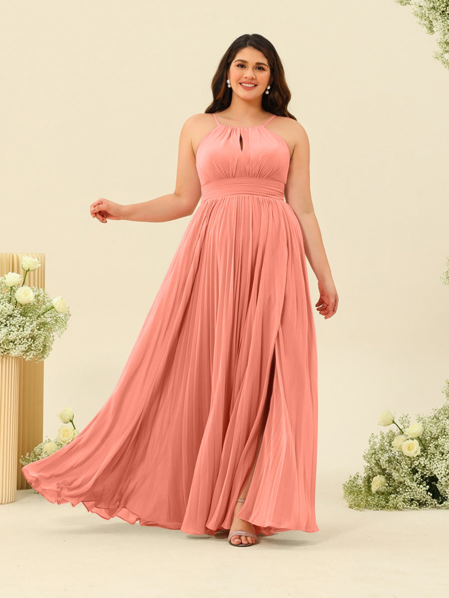 A-Line/Princess Halter Plus Size Long Bridesmaid Dresses with Split Side &amp; Ruffles
