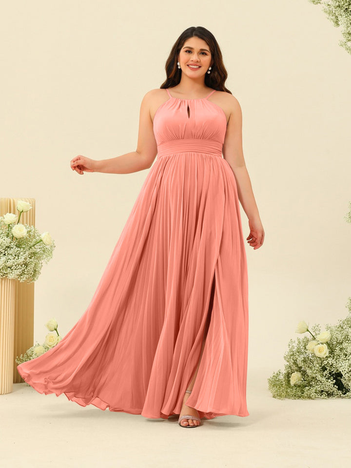 A-Line/Princess Halter Plus Size Long Bridesmaid Dresses with Split Side &amp; Ruffles