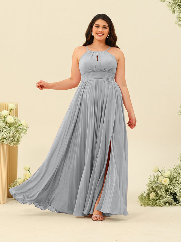 A-Line/Princess Halter Plus Size Long Bridesmaid Dresses with Split Side &amp; Ruffles