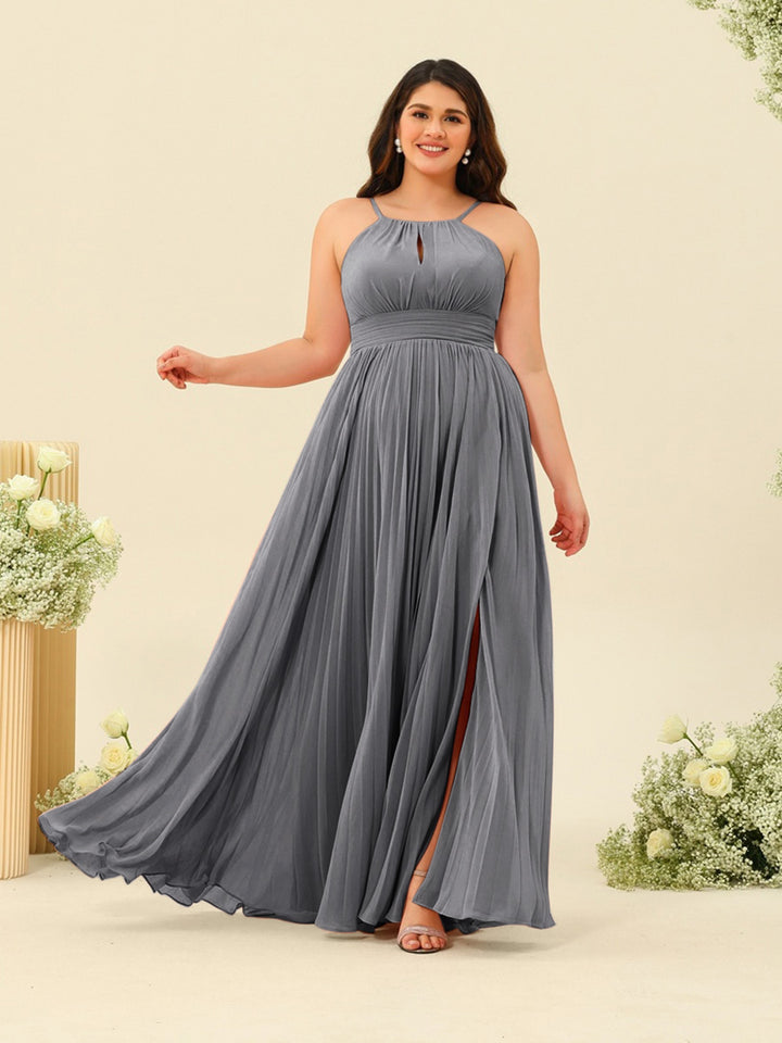 A-Line/Princess Halter Plus Size Long Bridesmaid Dresses with Split Side &amp; Ruffles