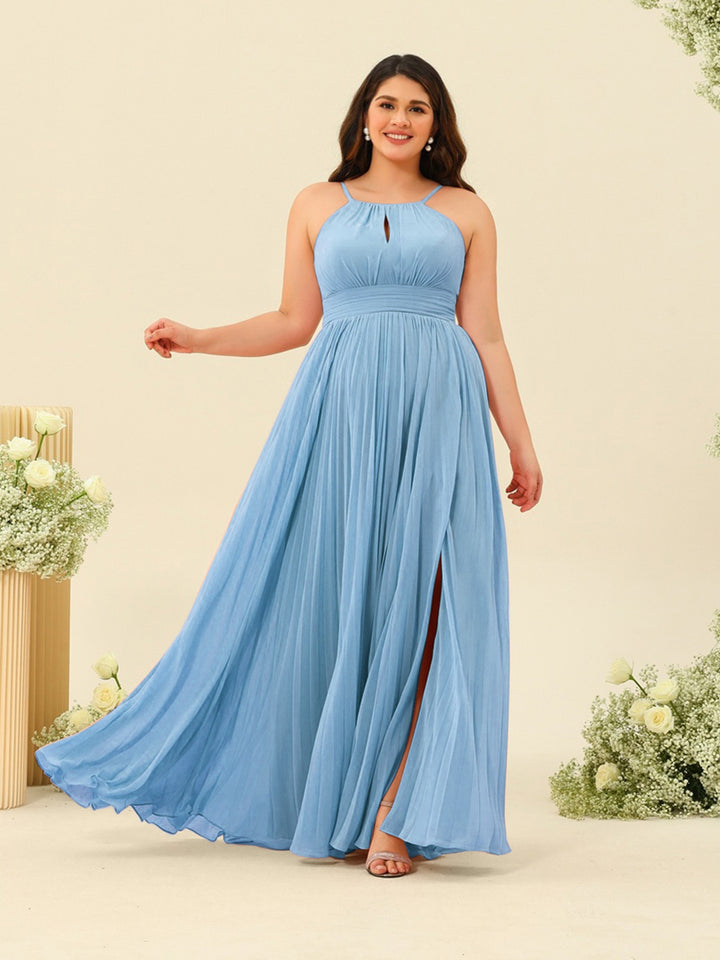 A-Line/Princess Halter Plus Size Long Bridesmaid Dresses with Split Side &amp; Ruffles
