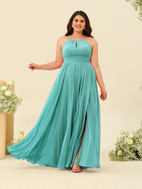 A-Line/Princess Halter Plus Size Long Bridesmaid Dresses with Split Side & Ruffles