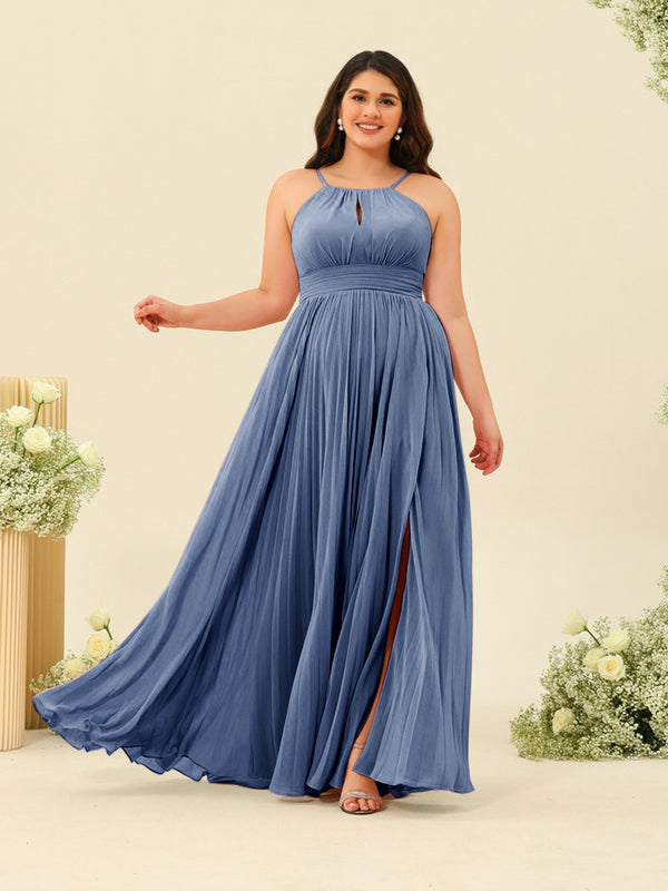 A-Line/Princess Halter Plus Size Long Bridesmaid Dresses with Split Side & Ruffles