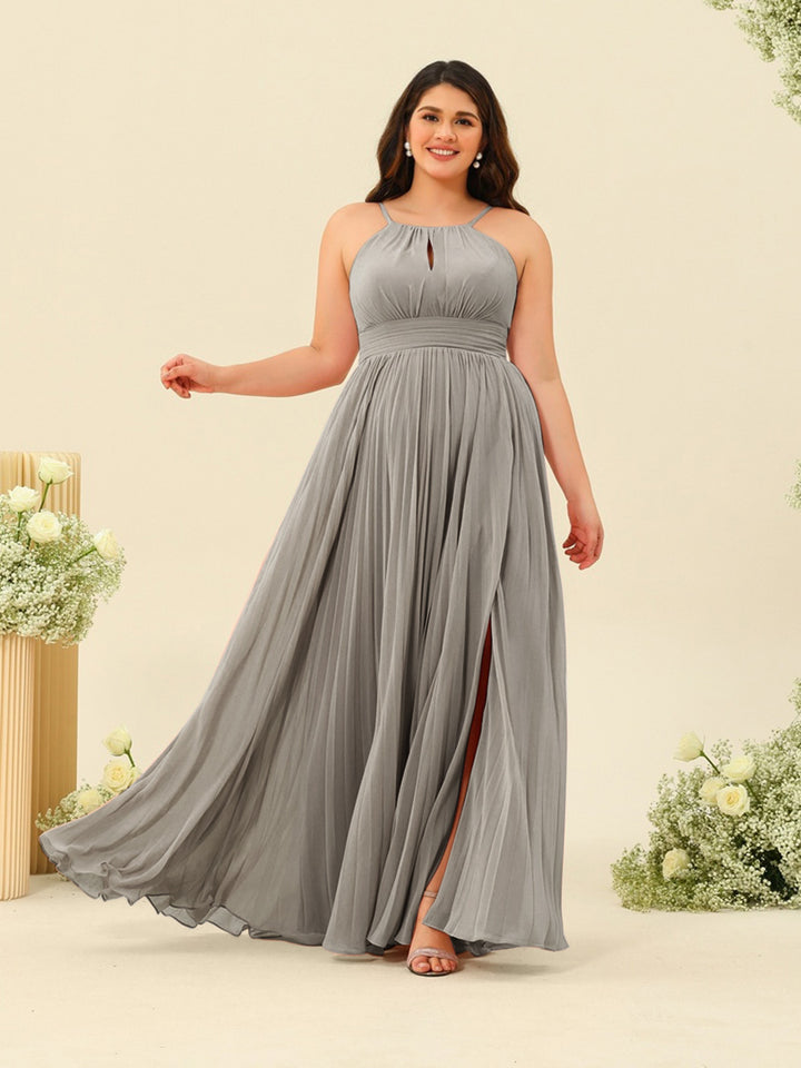 A-Line/Princess Halter Plus Size Long Bridesmaid Dresses with Split Side &amp; Ruffles