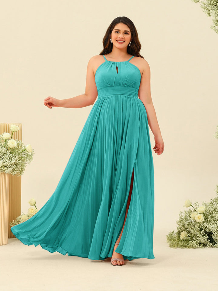 A-Line/Princess Halter Plus Size Long Bridesmaid Dresses with Split Side &amp; Ruffles