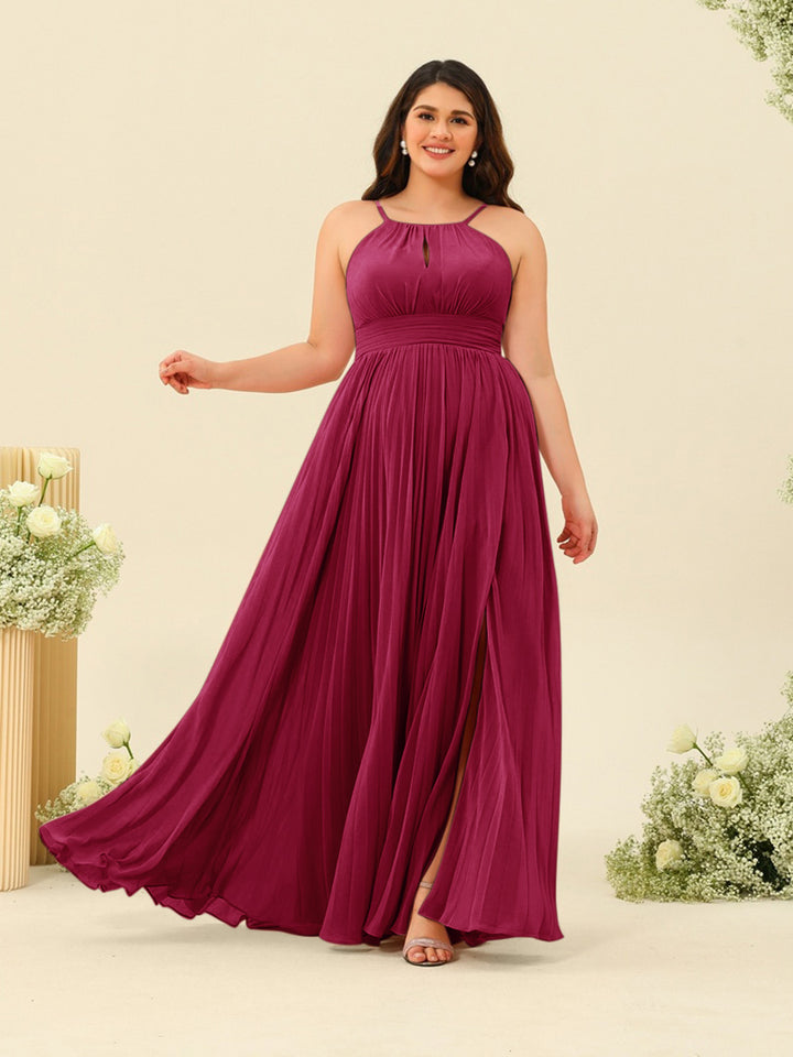 A-Line/Princess Halter Plus Size Long Bridesmaid Dresses with Split Side &amp; Ruffles