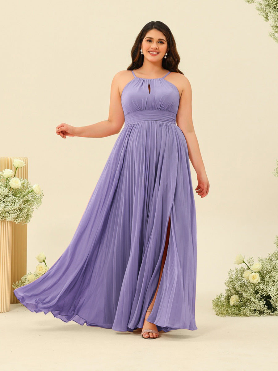A-Line/Princess Halter Plus Size Long Bridesmaid Dresses with Split Side &amp; Ruffles