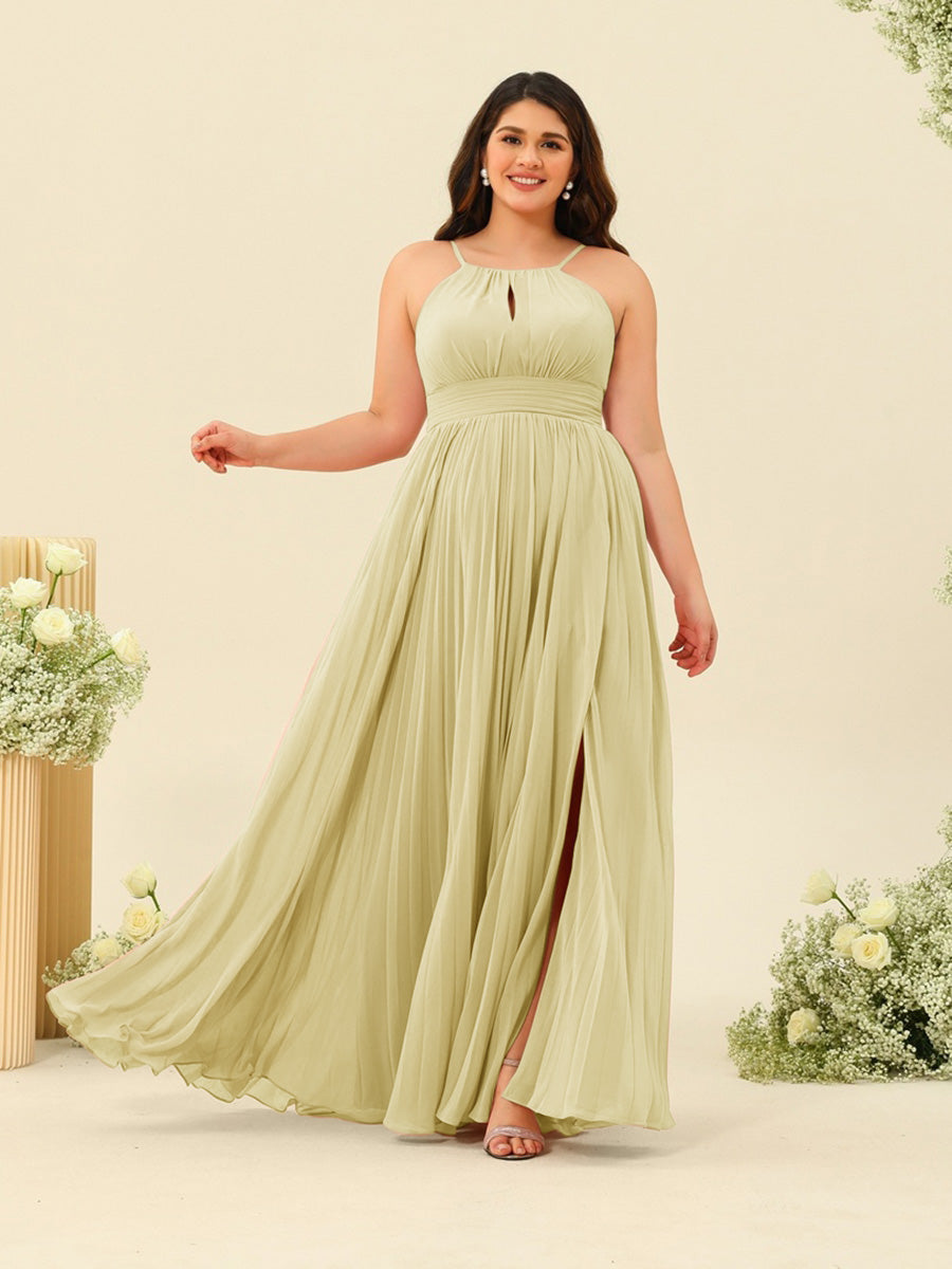 A-Line/Princess Halter Plus Size Long Bridesmaid Dresses with Split Side &amp; Ruffles
