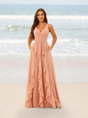 A-Line/Princess V-Neck Sleeveless Long Ruched Bridesmaid Dresses with Ruffles