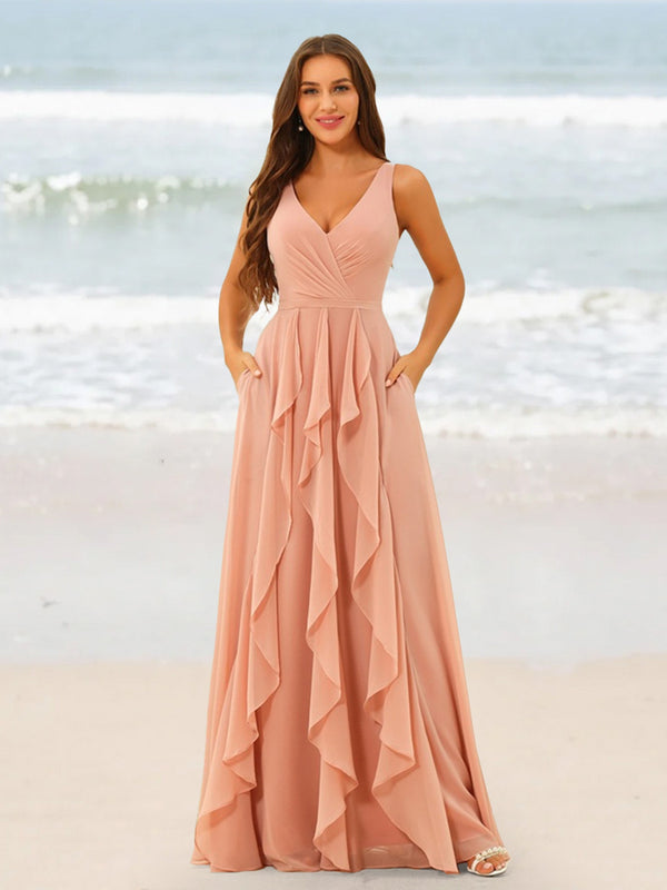 A-Line/Princess V-Neck Sleeveless Long Ruched Bridesmaid Dresses with Ruffles