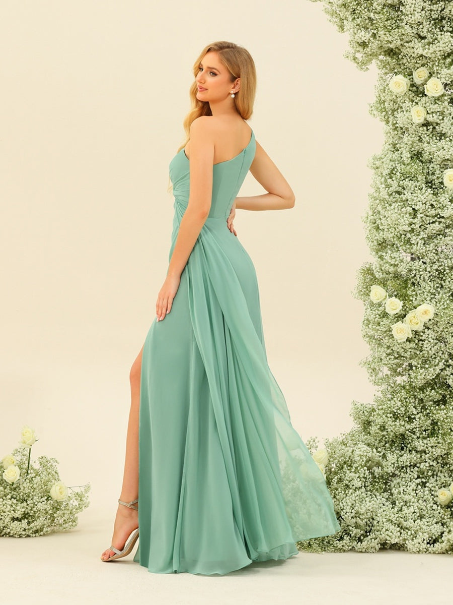 Sheath/Column One-Shoulder Long Ruched Bridesmaid Dresses with Ruffles &amp; Split Side