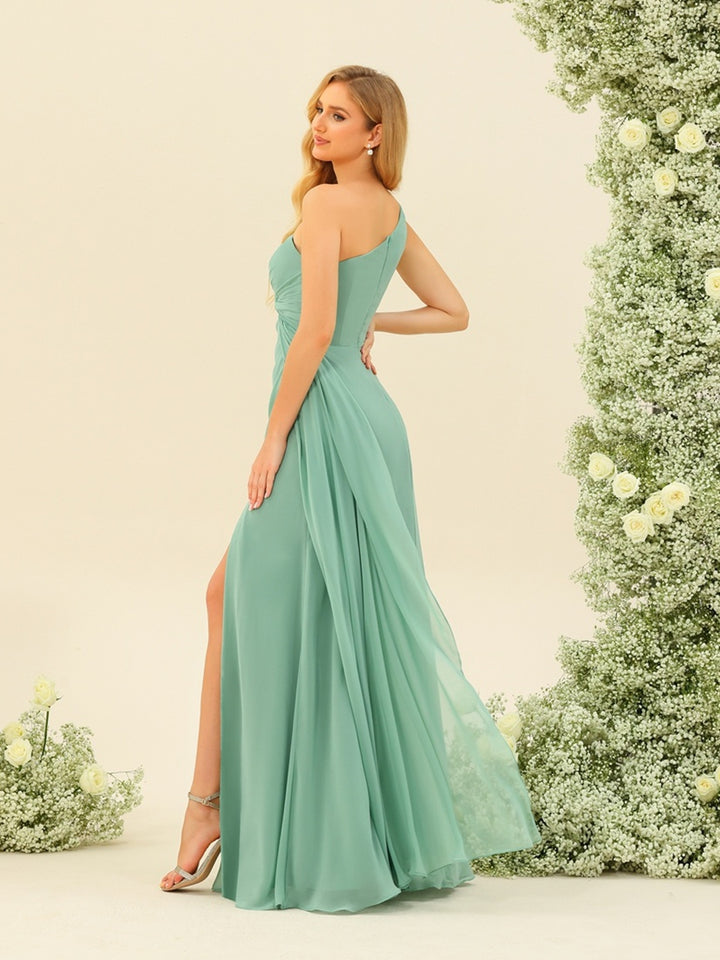 Sheath/Column One-Shoulder Long Ruched Bridesmaid Dresses with Ruffles &amp; Split Side