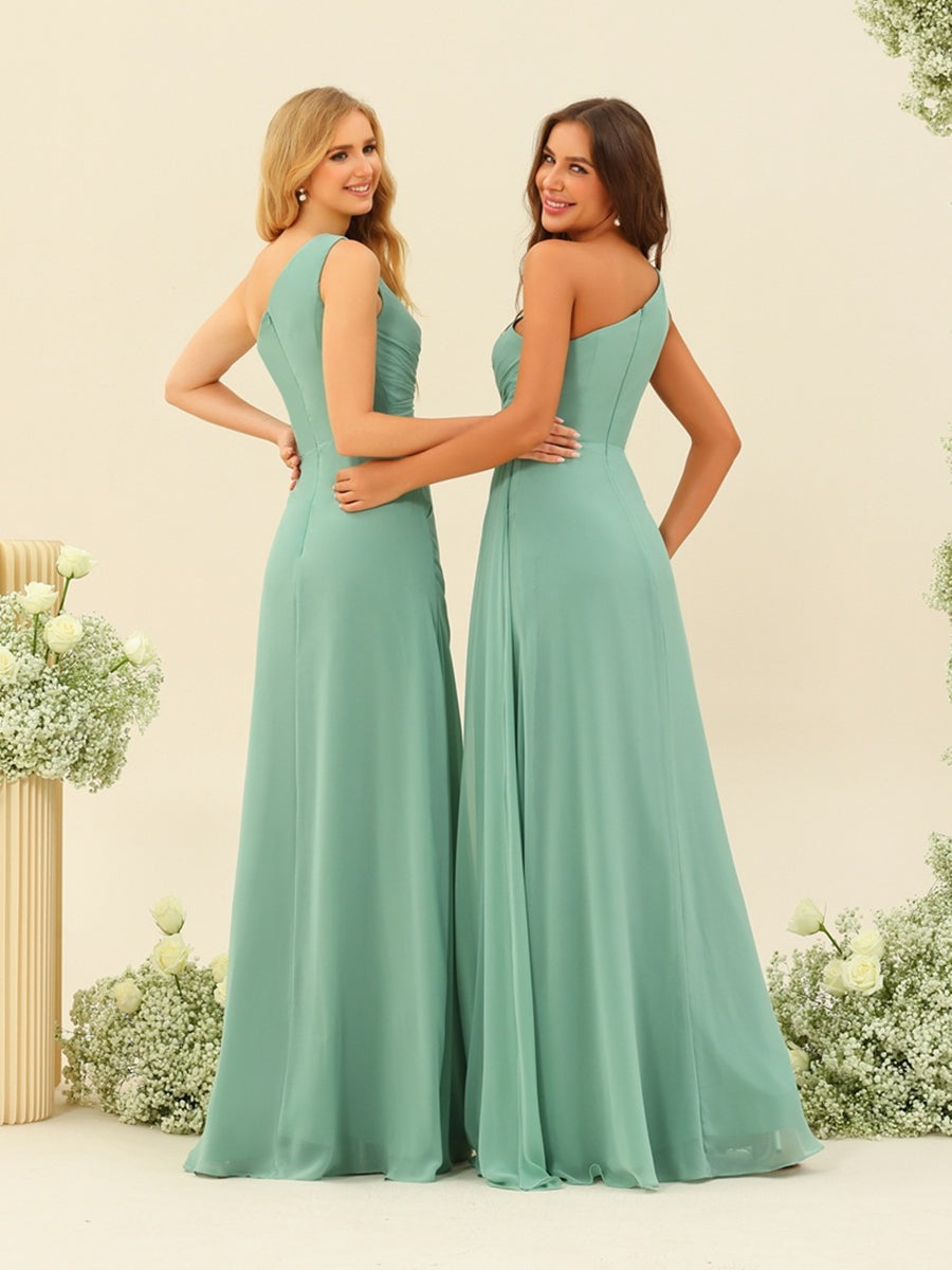 Sheath/Column One-Shoulder Long Ruched Bridesmaid Dresses with Ruffles &amp; Split Side