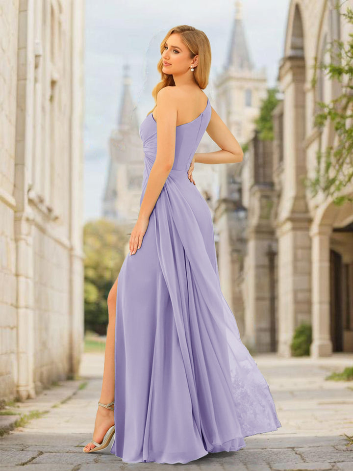 Sheath/Column One-Shoulder Long Ruched Bridesmaid Dresses with Ruffles &amp; Split Side