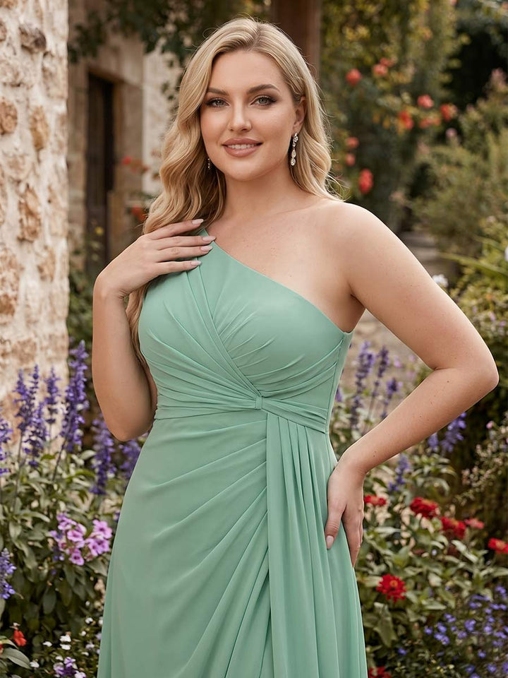 Sheath/Column One-Shoulder Sleeveless Long Ruched Plus Size Bridesmaid Dresses with Ruffles &amp; Split Side
