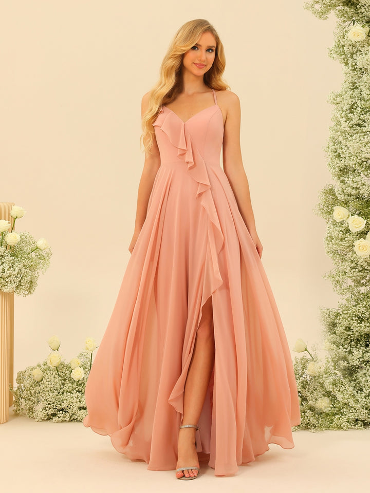 A-Line/Princess Spaghetti Straps V-Neck Long Bridesmaid Dresses with Split Side &amp; Ruffles