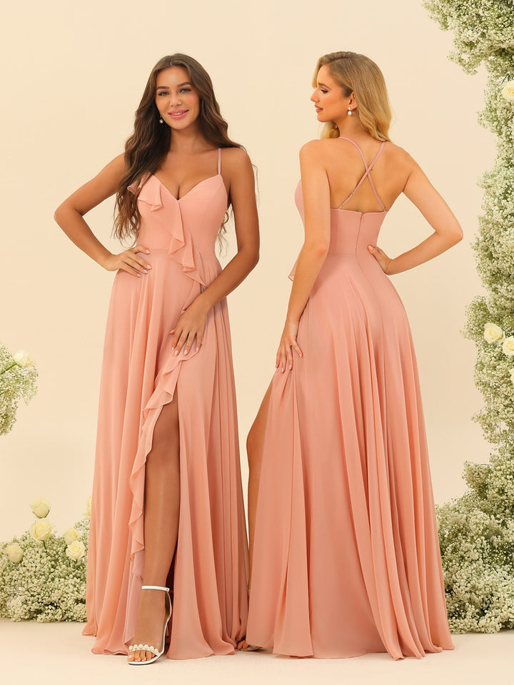 A-Line/Princess Spaghetti Straps V-Neck Long Bridesmaid Dresses with Split Side &amp; Ruffles