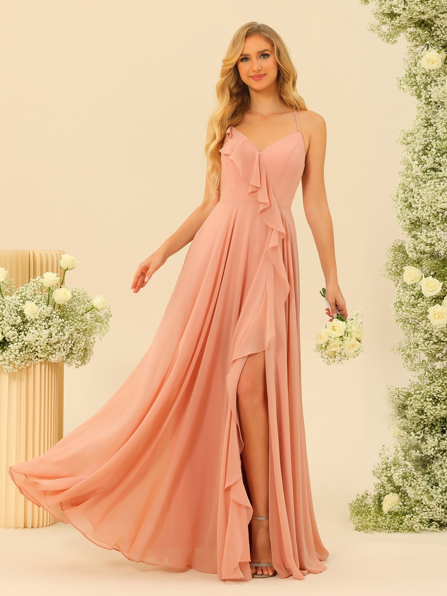 A-Line/Princess Spaghetti Straps V-Neck Long Bridesmaid Dresses with Split Side &amp; Ruffles