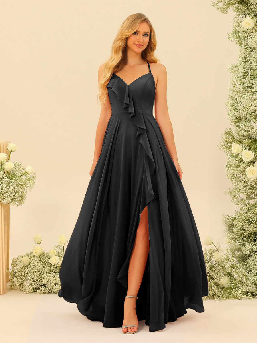 A-Line/Princess Spaghetti Straps V-Neck Long Bridesmaid Dresses with Split Side &amp; Ruffles