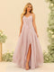A-Line/Princess Spaghetti Straps V-Neck Long Bridesmaid Dresses with Split Side & Ruffles