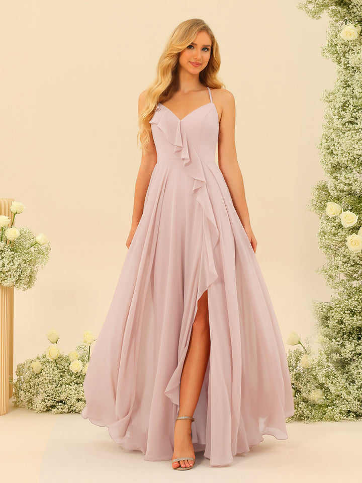 A-Line/Princess Spaghetti Straps V-Neck Long Bridesmaid Dresses with Split Side &amp; Ruffles