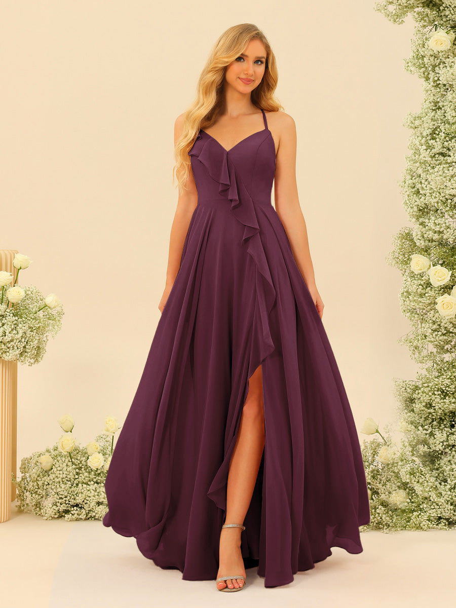 A-Line/Princess Spaghetti Straps V-Neck Long Bridesmaid Dresses with Split Side &amp; Ruffles