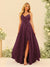 A-Line/Princess Spaghetti Straps V-Neck Long Bridesmaid Dresses with Split Side & Ruffles