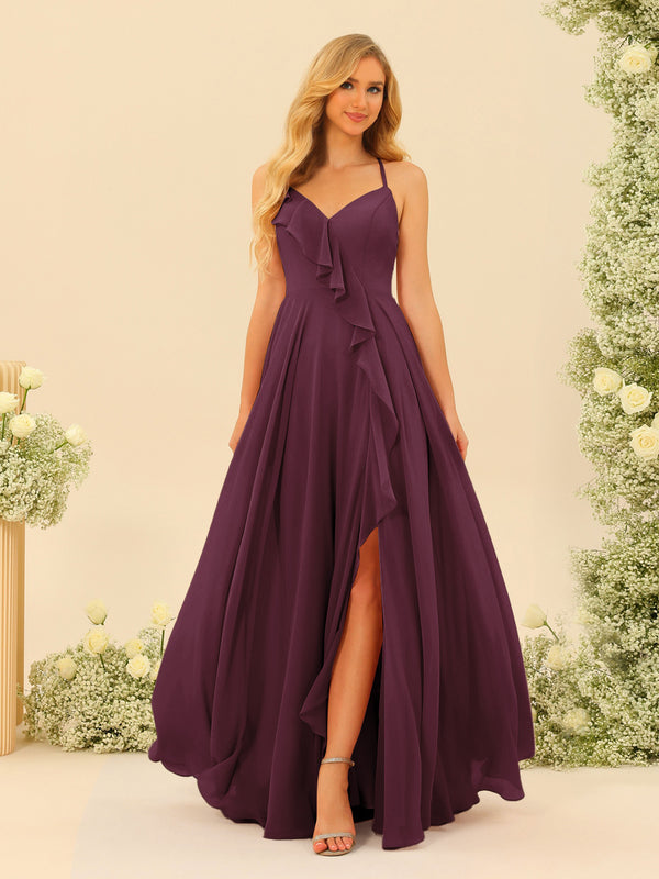 A-Line/Princess Spaghetti Straps V-Neck Long Bridesmaid Dresses with Split Side & Ruffles