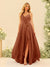 A-Line/Princess Spaghetti Straps V-Neck Long Bridesmaid Dresses with Split Side & Ruffles