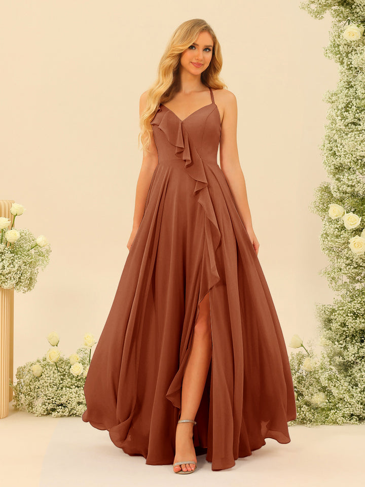A-Line/Princess Spaghetti Straps V-Neck Long Bridesmaid Dresses with Split Side &amp; Ruffles
