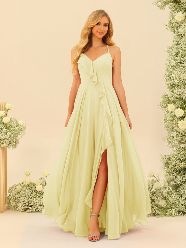 A-Line/Princess Spaghetti Straps V-Neck Long Bridesmaid Dresses with Split Side &amp; Ruffles