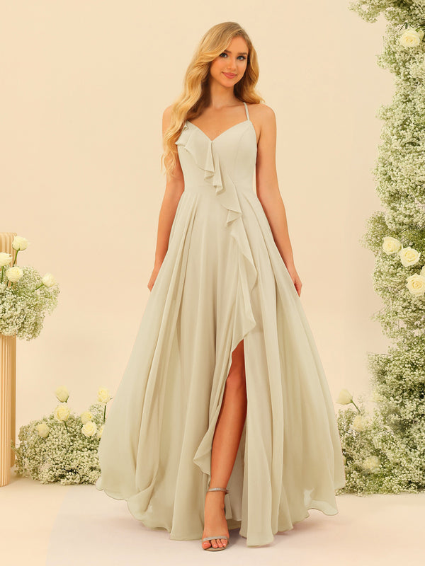 A-Line/Princess Spaghetti Straps V-Neck Long Bridesmaid Dresses with Split Side & Ruffles