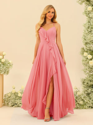 A-Line/Princess Spaghetti Straps V-Neck Long Bridesmaid Dresses with Split Side & Ruffles