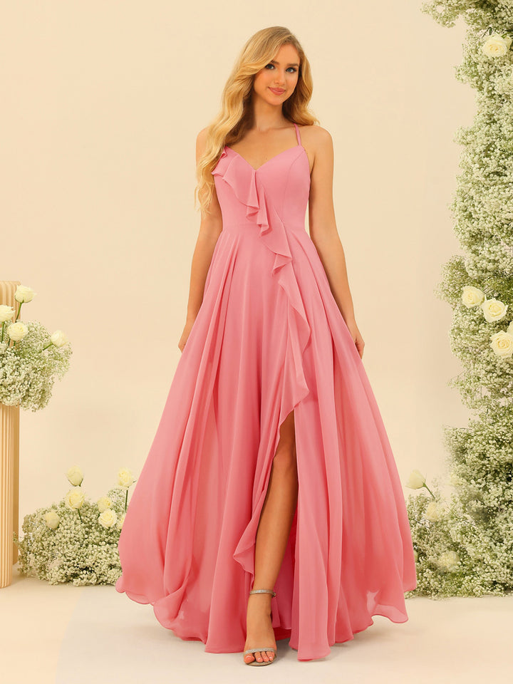 A-Line/Princess Spaghetti Straps V-Neck Long Bridesmaid Dresses with Split Side &amp; Ruffles