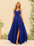 A-Line/Princess Spaghetti Straps V-Neck Long Bridesmaid Dresses with Split Side & Ruffles
