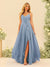 A-Line/Princess Spaghetti Straps V-Neck Long Bridesmaid Dresses with Split Side & Ruffles