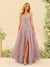 A-Line/Princess Spaghetti Straps V-Neck Long Bridesmaid Dresses with Split Side & Ruffles