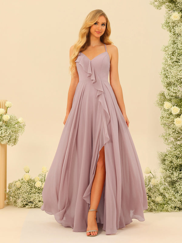 A-Line/Princess Spaghetti Straps V-Neck Long Bridesmaid Dresses with Split Side & Ruffles