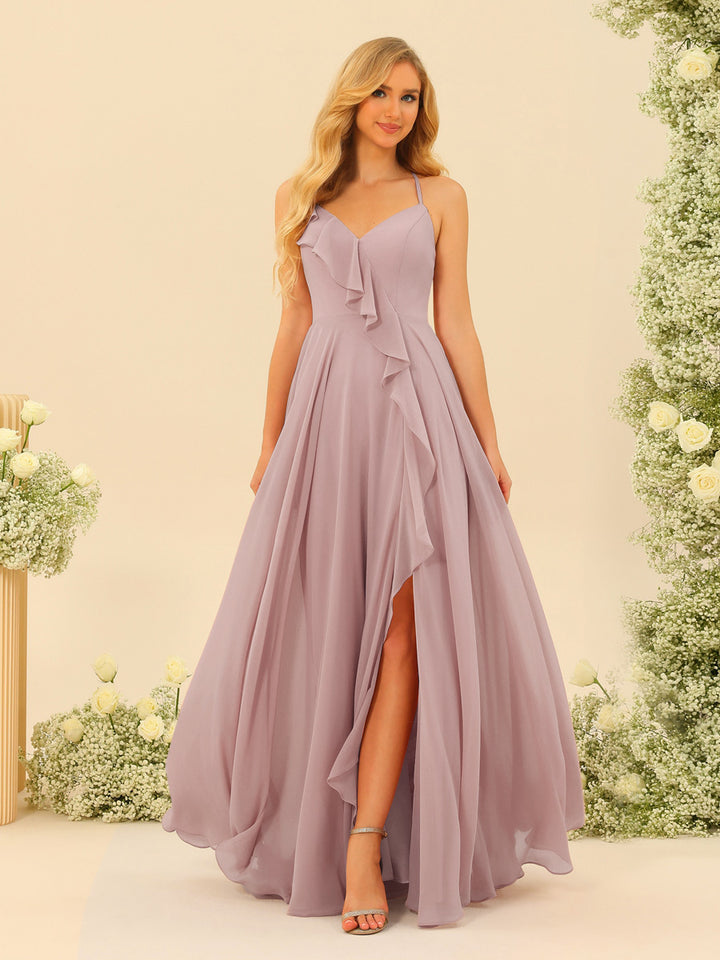 A-Line/Princess Spaghetti Straps V-Neck Long Bridesmaid Dresses with Split Side &amp; Ruffles